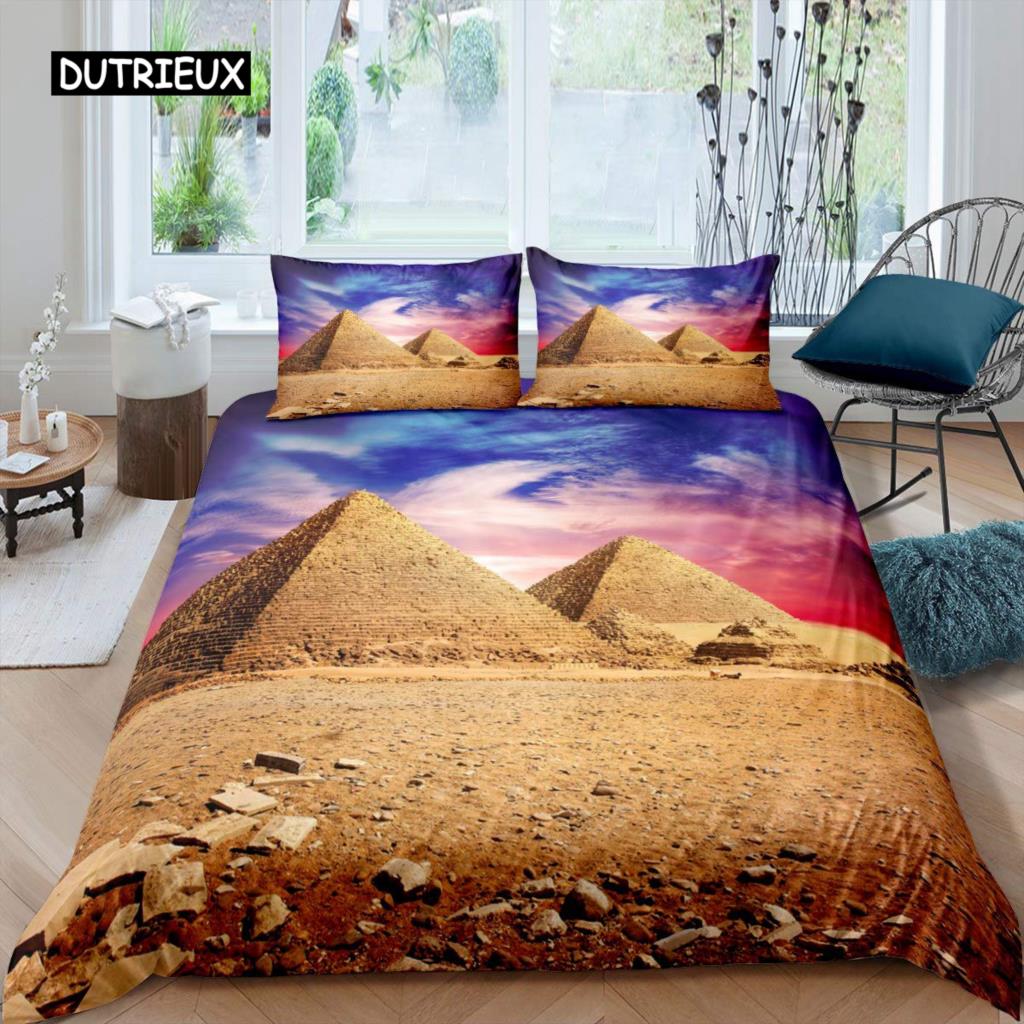 Set Copripiumino Piramide King Africano Antico Egizio Piramide Vintage Set Biancheria da Letto Poliestere Cammello Scena del Deserto Egitto Copripiumino