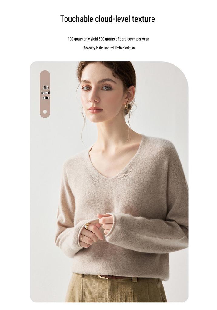 Autumn 2026 Women's Cashmere V-Neck Sweater – Elegant Solid Color, Rolled Hem, Loose Fit, Slimming, Warm Base Layer.