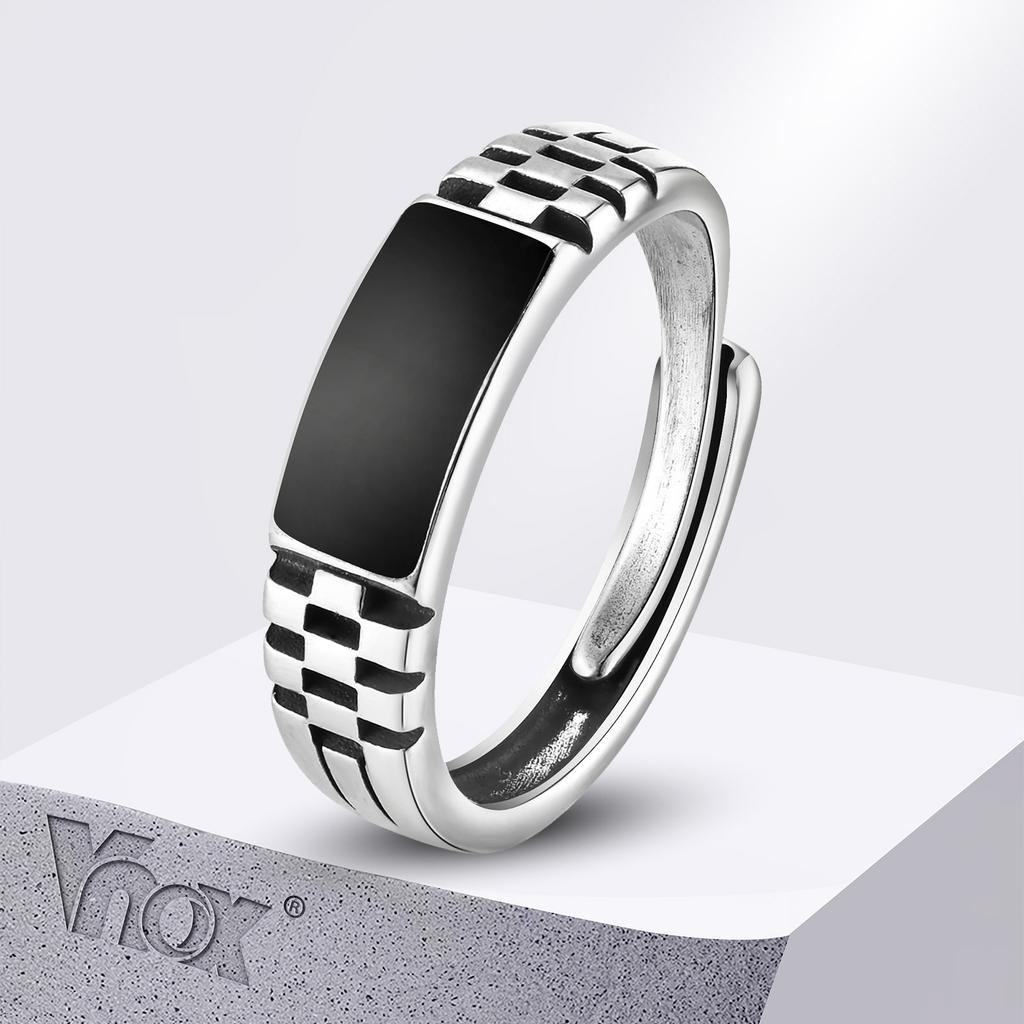 Vnox Herren Offene Ringe, Schwarzer Emaille Siegelring, Uhrenarmband Gerillter Fingerring, Verstellbarer Schmuck