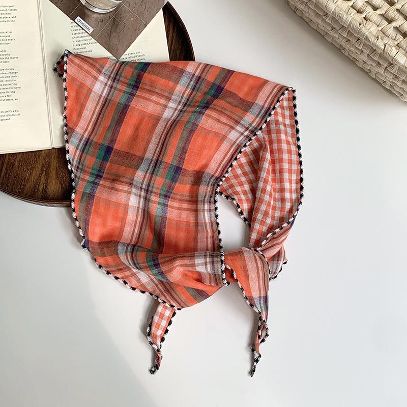 Headscarf women's idyllic summer new clear plaid triangle scarf scarf women's knitted headband silk scarf