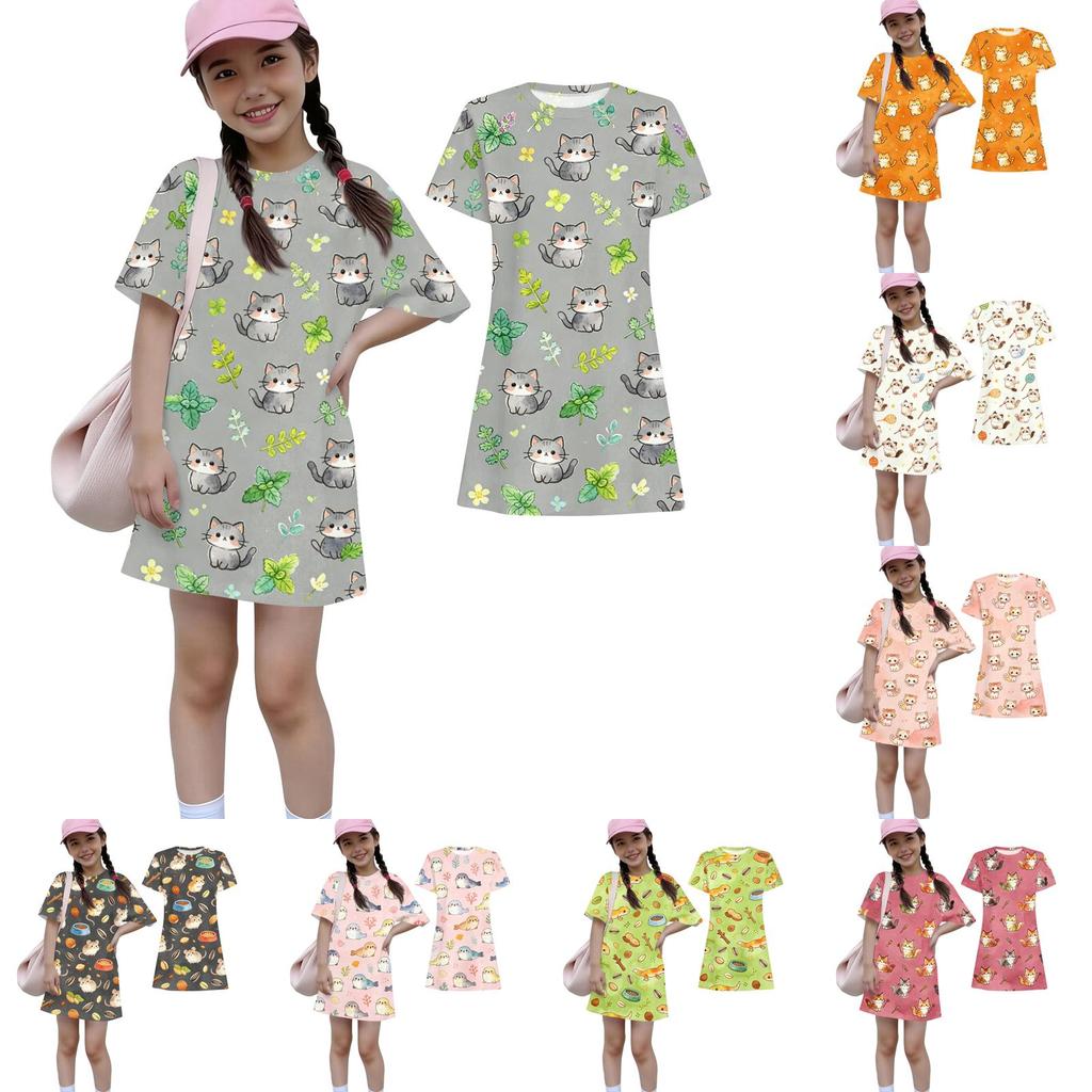 Girls Loose Fit Short Sleeve Dress Kids Animal Print Casual Round Neck Lightweight Summer Dress for Children