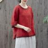 T-shirt artistica in lino ricamato stile retrò, girocollo, manica corta, nuova collezione estiva, top versatile da donna a vestibilità larga
