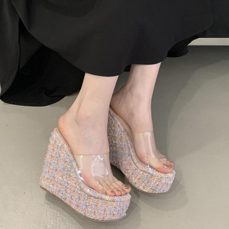 Mode Sommer Mode PVC Transparent Plateau Keilabsatz Damen Hausschuhe Offene Zehen Bankett Party Damenschuhe 13CM Zapatos De Mujer