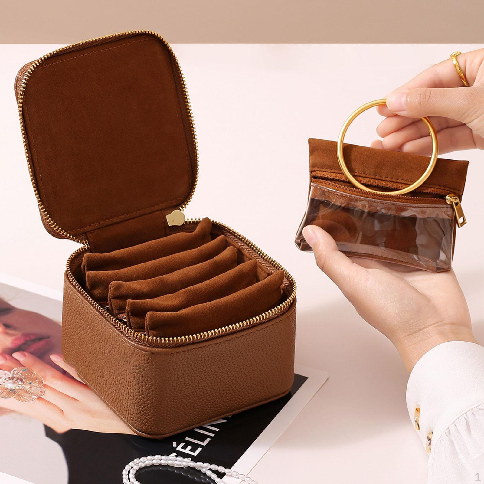 

Case Compact Pouch Organizer PU Leather Jewelry Holder Zipper Closure Multifunctional Suitable for коричневый