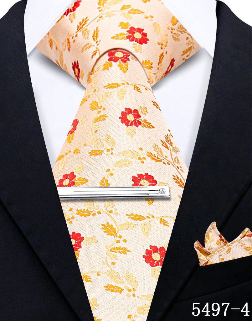 Men's Retro Floral Tie, Pocket Square & Tie Clip Set for Weddings