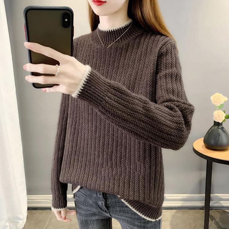 WTEMPO Thick Warm Long Sleeve Knitted Pullovers Half High Striped Sewaters Women's Autumn Winter Loose Bottoming Sweaters