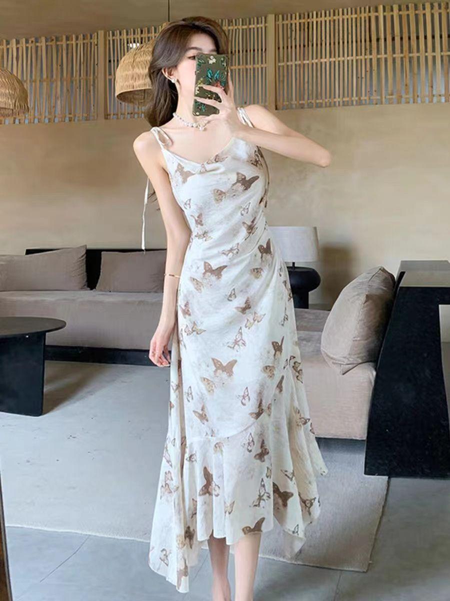 

Butterfly printing temperament suspender dress women s summer new French swing collar waist thin holiday style mid-length dress S