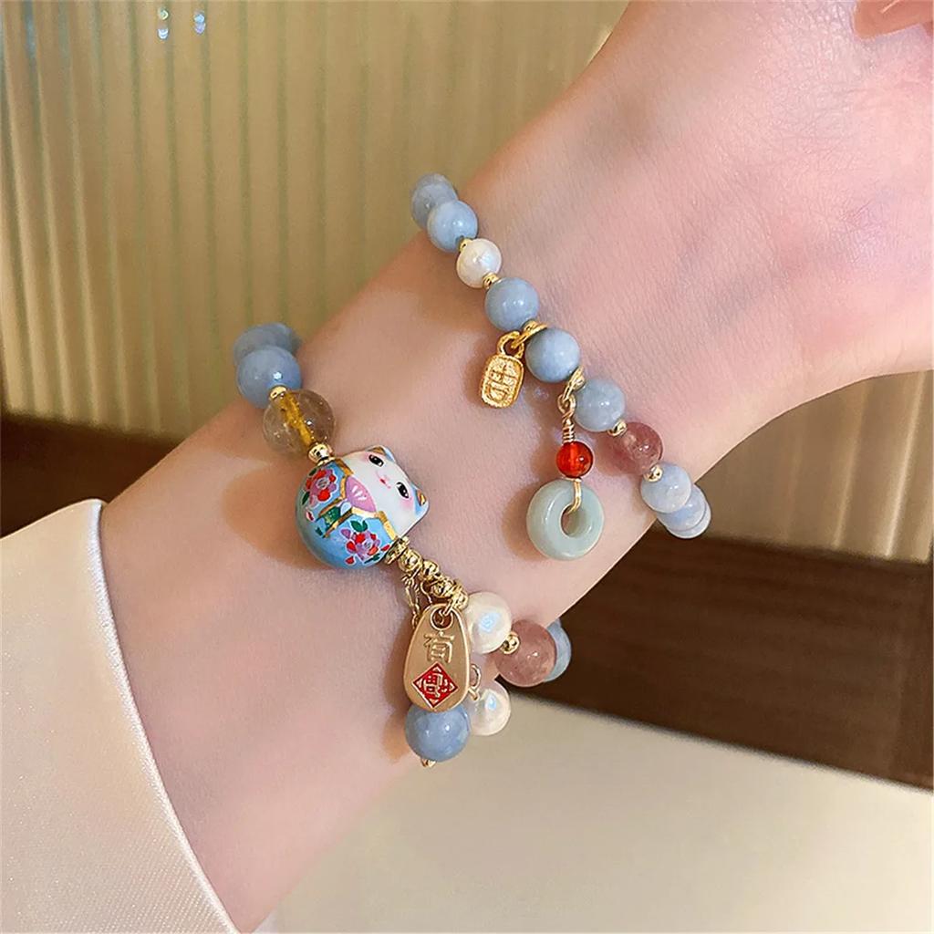 b24 Cat Sweet Unique Lovely Ceramic Woven Bracelet Blue Ins Lucky Pendant Rope Chain Cartoon Details Jewelry Gift Versatile
