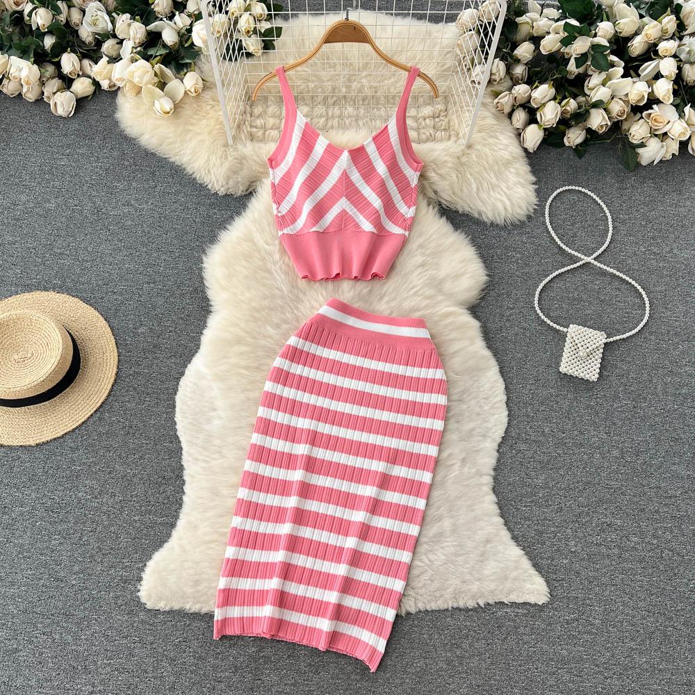 Top Small Camisole Two-Piece Suit Women's Summer Mid-Length High-Waist Knitted Skirt