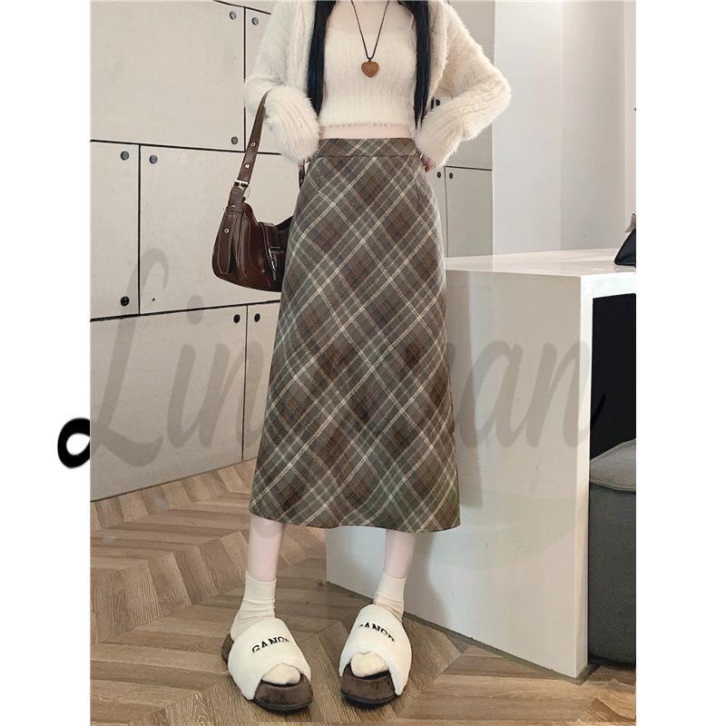 

Plus Size Women s Korean Style Retro Plaid Wool High Waist Mid-Length Skirt S