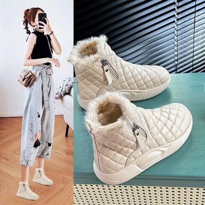 Plaid Winter Thicken Fleece Lined Snowboots Short Women Plush Warm Shoes Non-slip Wear-resistant Casual Platform Ankle Boots