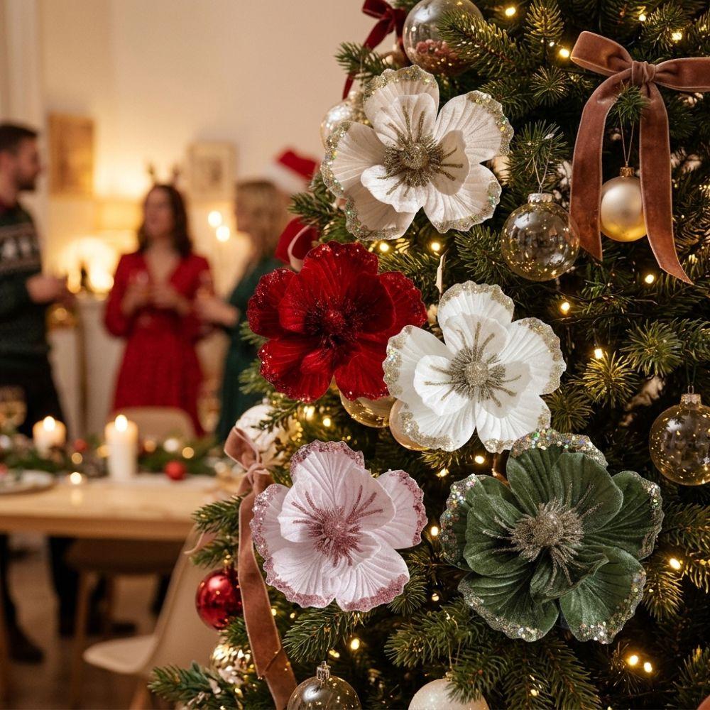 Velvet Fabric Glitter Christmas Flower Sparkling Christmas Tree Magnolia New Year