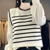 Women's fake two-piece knitted sweater spring new long-sleeved retro striped pullover top