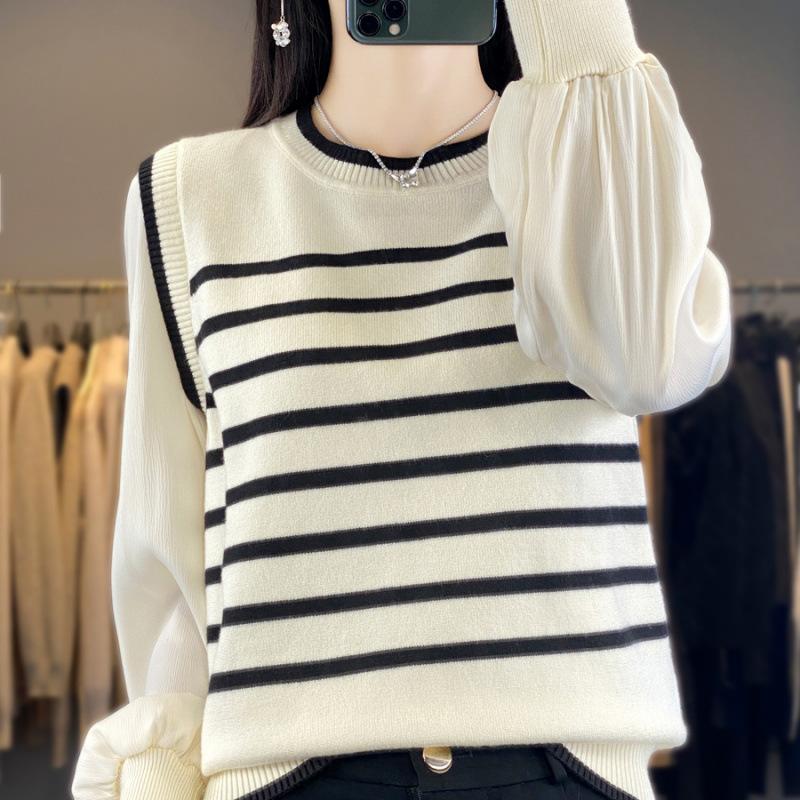 Women's fake two-piece knitted sweater spring new long-sleeved retro striped pullover top