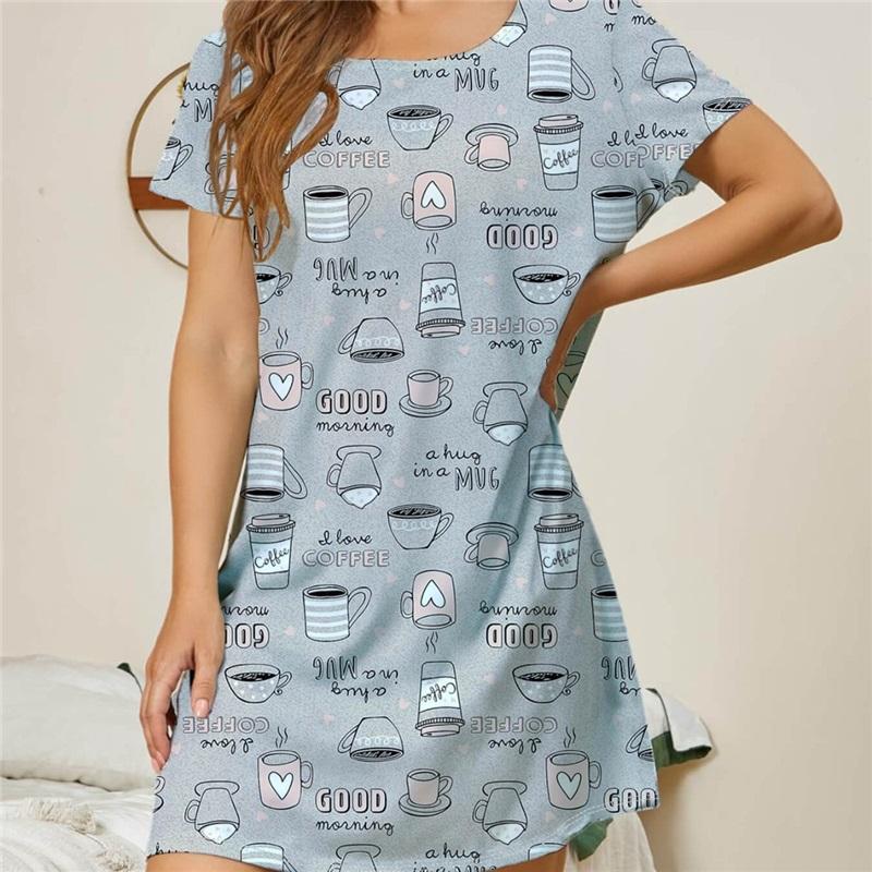 New Ladies Nightdress European And American Style Home Pajamas Skirt Round Neck Dress Casual Printing