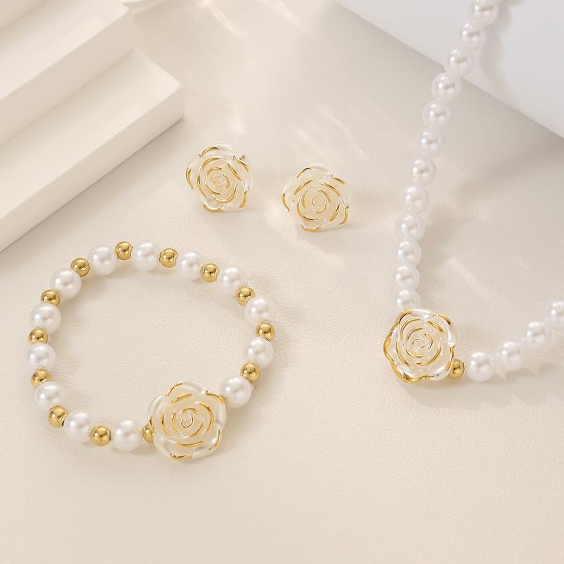 3Pcs Camellia Women'S Party Necklace Bracelet And Earrings Set Elegant Bridal Jewelry Gift