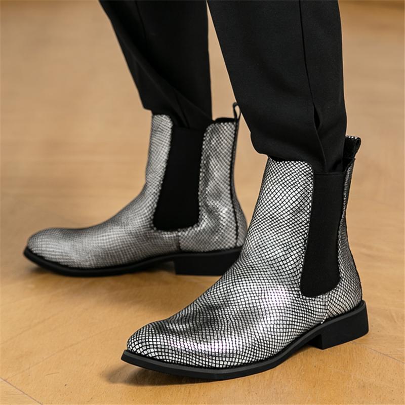 Wniter New Designer Fashion Gold Silver Slip on Chelsea Ankle Boots for Men Luxury Brand High Top Platform Shoes Zapatos Hombre