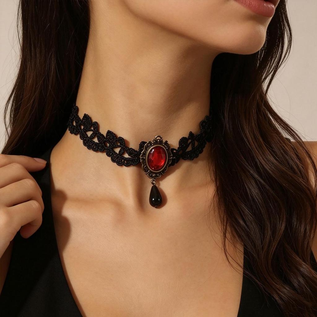 Gothic Ruby Lace Pendant Necklace: Vintage Punk Choker for Women