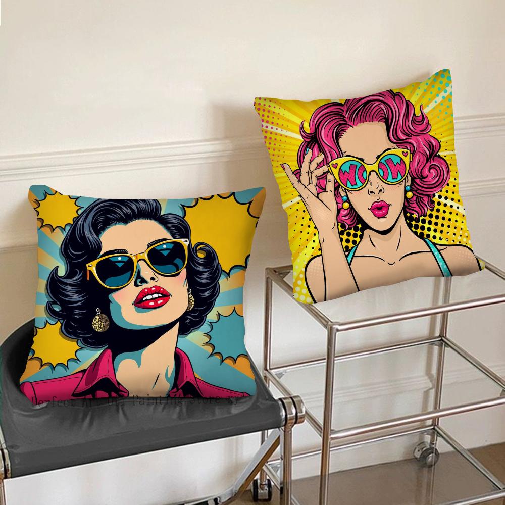 1pc Colorful Pop Art Canvas Comic Woman Pillow Case Square Bedroom Sofa Leisure Comfort Cushion Car Living Room Home Decoration