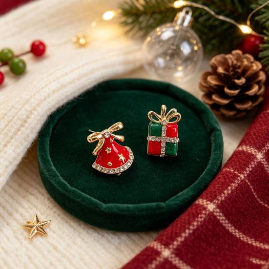 Asymmetrical Christmas Earrings 1 Pair Enamel Rhinestone Stud for Women, Dress Festive Party Accessories And Gift Box Earrings, Sparkling Holiday