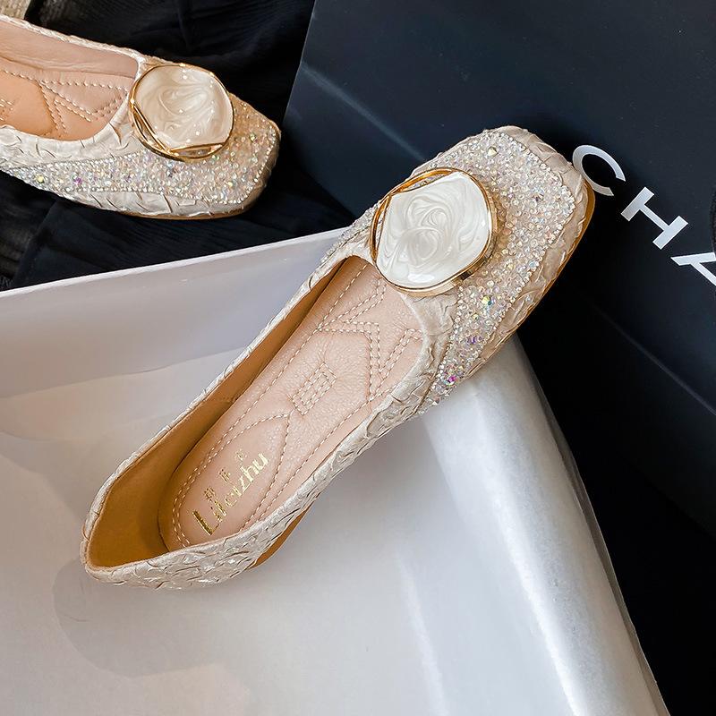 Versatile Shallow Mouth Single Shoes Women's Summer Metal Buckle Boat Shoes Rhinestone One Pedal Ladyshoes Large Size Flat Beanie Shoes