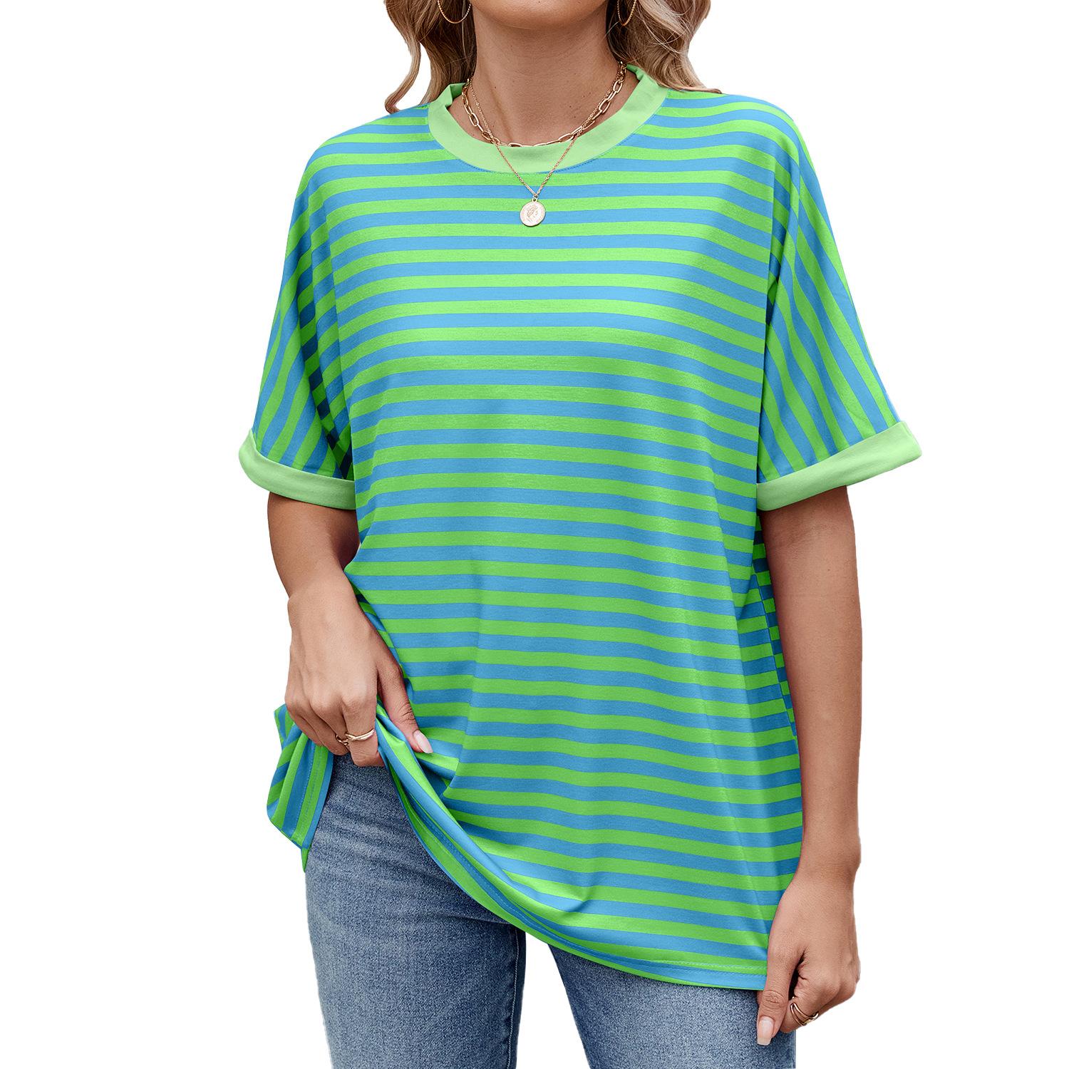 

YYFS женские модные повседневные летние весенние блузки и рубашки с короткими рукавами и круглым вырезом в полоску с принтом L