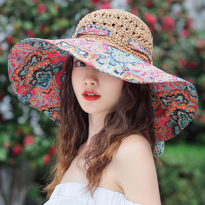 

Korean style women s breathable beach wide-brim straw hat, spring and summer flower sun hat, fashionable sunscreen handmade hat хакі