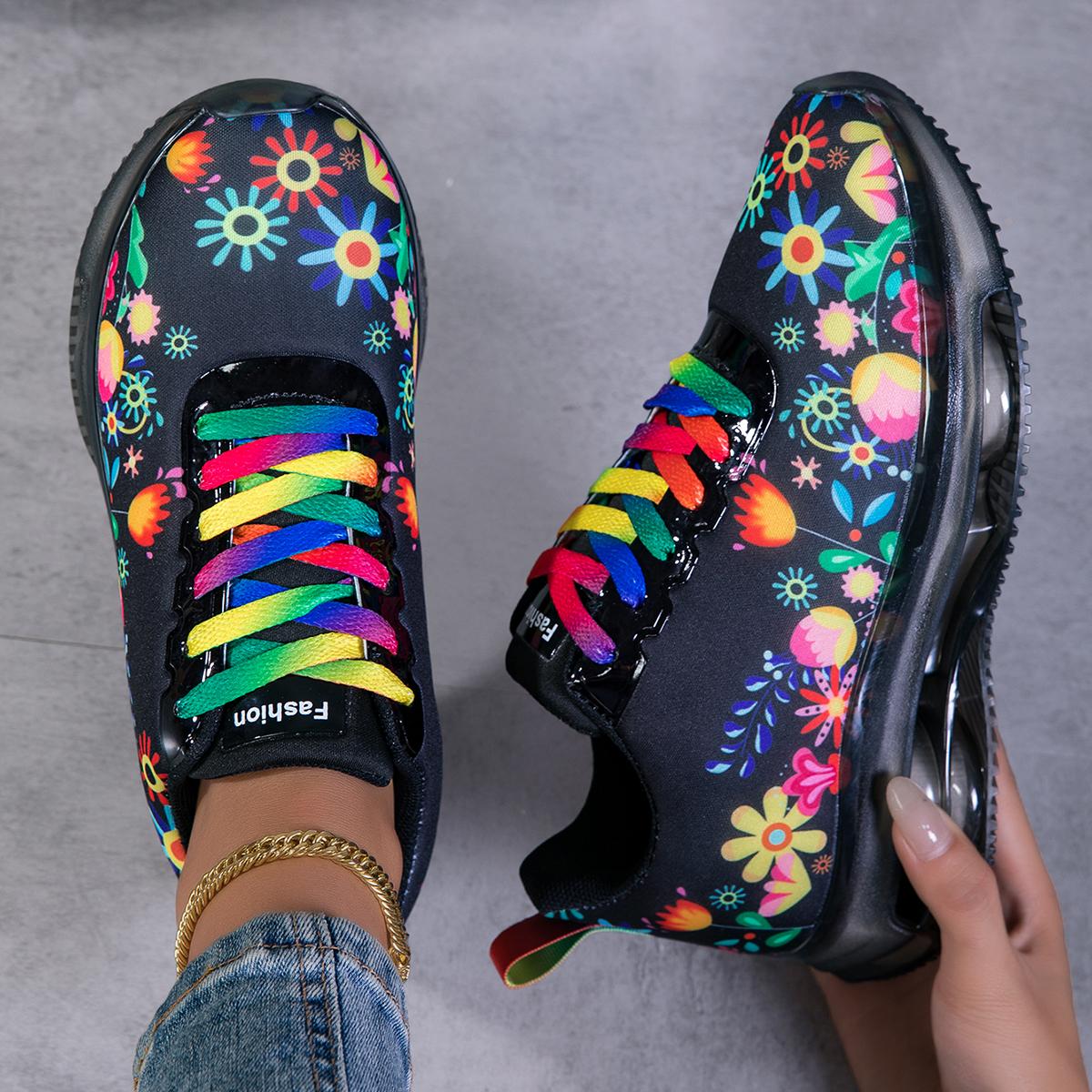 

Running women s shoes, air cushion shock absorption, thick sole, wear-resistant running shoes, floral color matching, sports 36 чёрный