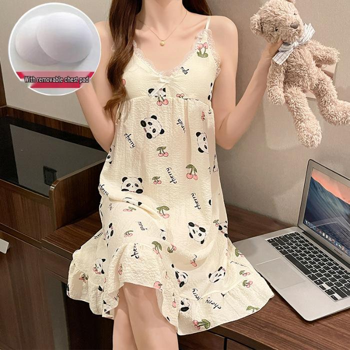 Summer V-Neck Nightdress with Chest Pads - Sexy Bubble Cotton Spaghetti Strap Style: Loose Fit Homewear for Women