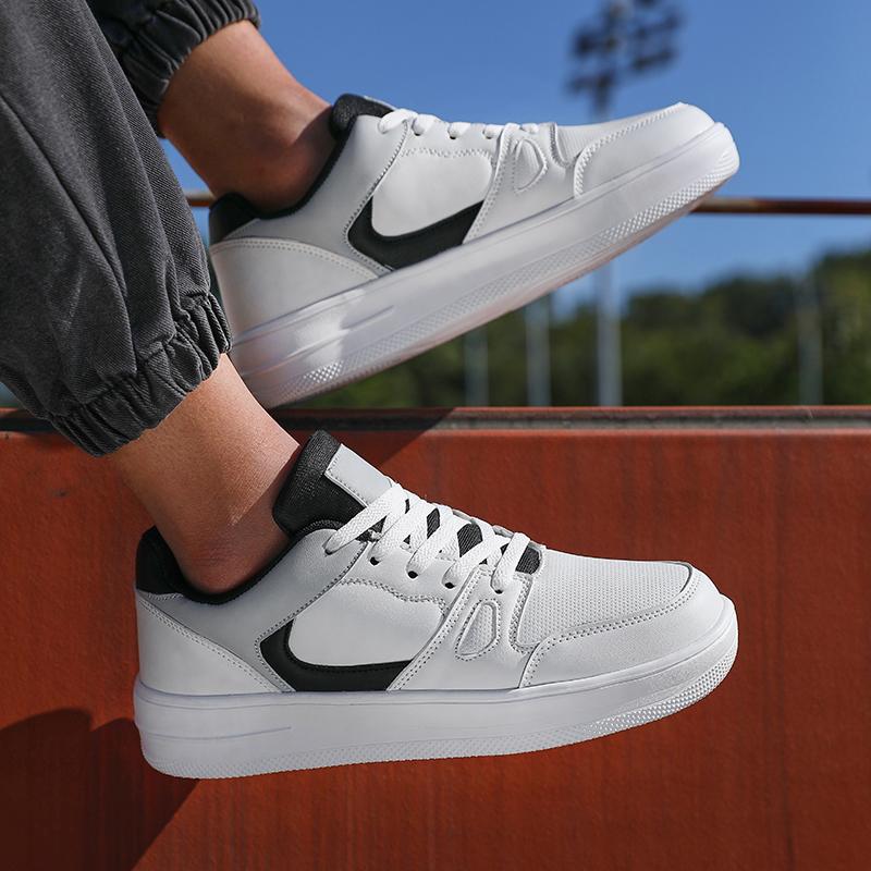 Fashion Men's Sports Shoes White Leather Flat Bottom Student Walking Shoes Anti Slip Boys' Lightweight Sports Tennis Shoes Large Size