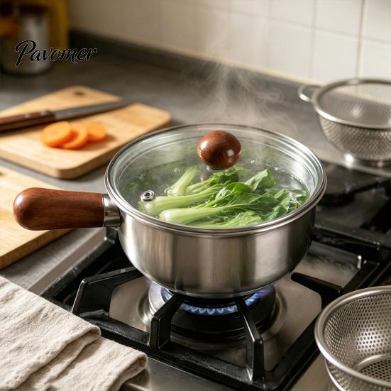 Nonstick Milk Pot with Wooden Handle Instant Noodle Lid And Handle, Stainless Steel Non-Stick Coated Induction Compatible Saucepan for Dorms