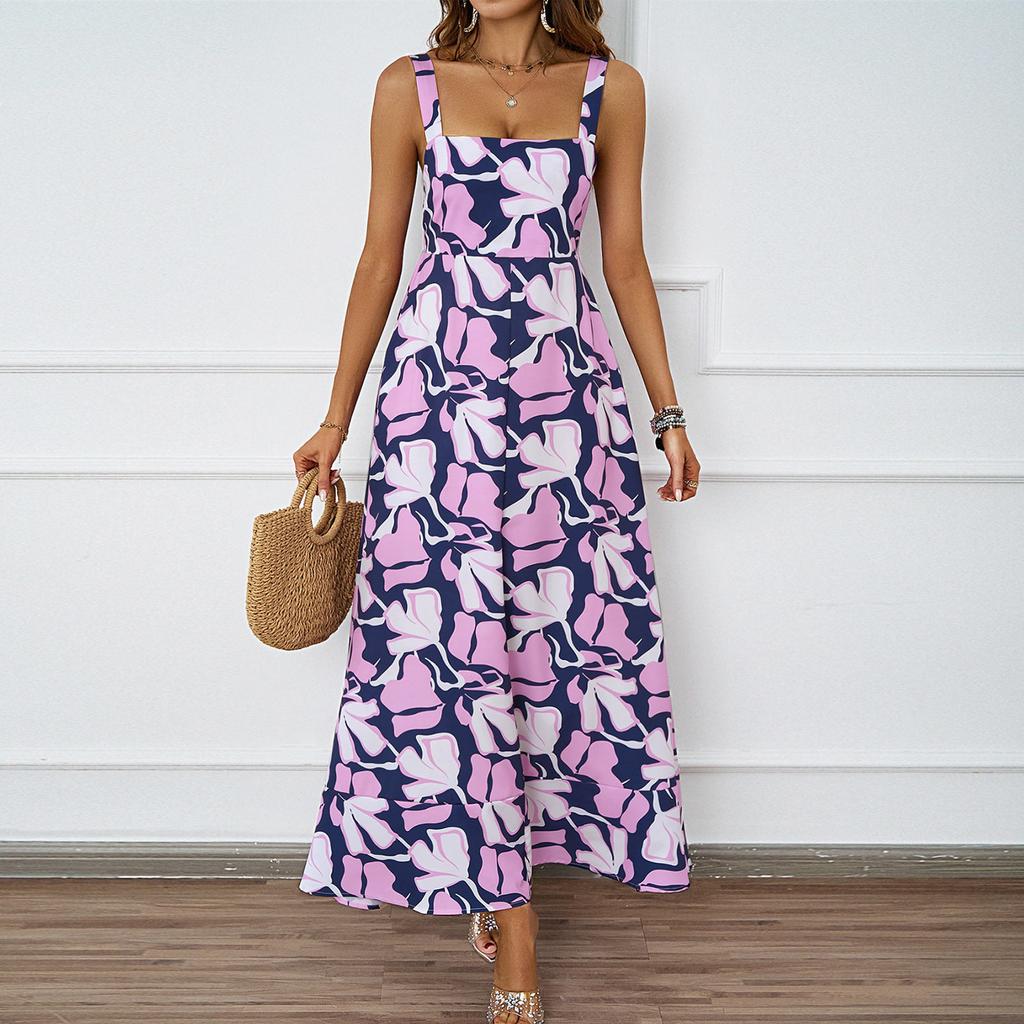 Women's Fashion Sexy Solid Color Sleeveless Strap Dress Women's Dress Long Dress