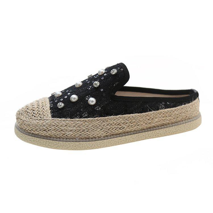 Fisherman Baotou Half Slippers Women's New Summer 2024 Korean Version Casual Outer Wear Pearl Rhinestone Thick-bottomed Straw Slippers
