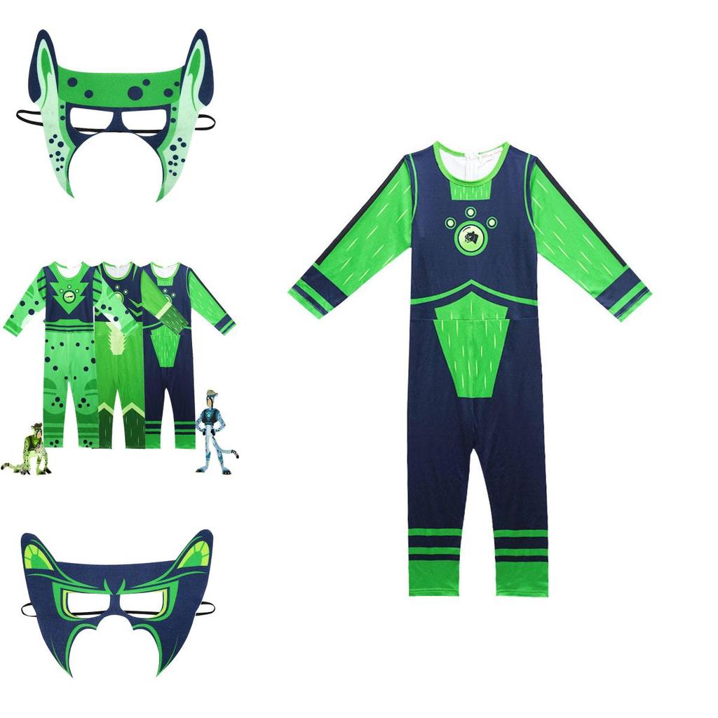 Costum Wild Kratts Puterea Creaturii Pentru Copii Cu Salopetă Verde Marin și Mască