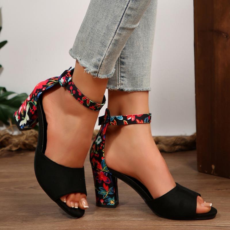 Fashion Summer New Thick Heel Sandals for Women Round Head Open-toe Line with Printed Non-slip Wear-resistant Fish Mouth High Heels