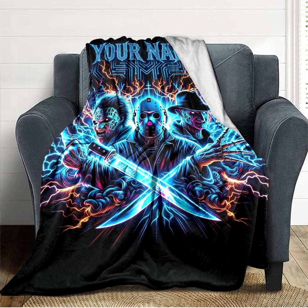 Name Custom Horror Themed Print Flannel Blanket High Quality Warm Comfortable Cover for All Seasons Perfect for Gifts Home Decor