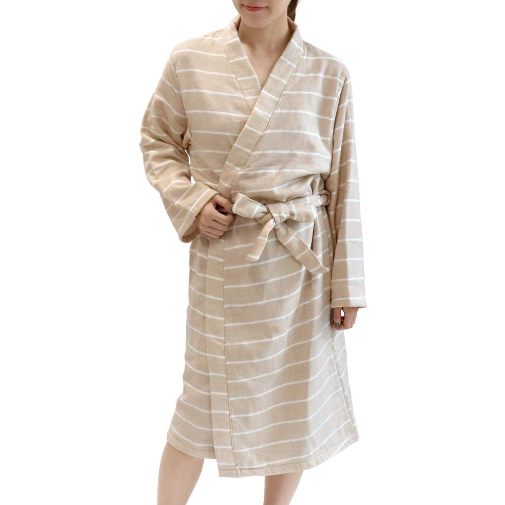 Hiorie Border with Gauze Outer and Pile for Men and Cotton Japanese-Made Bathrobe, Gauze, Beige, Lining, Women, Quick-Drying, Absorbent, 100%
