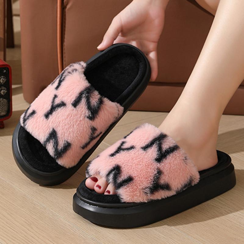 Fashion Fashion Faux Fur Cotton Slippers Women Autumn Winter Letter Print Platform Plush Slides Woman Non-Slip Warm Slipper Female