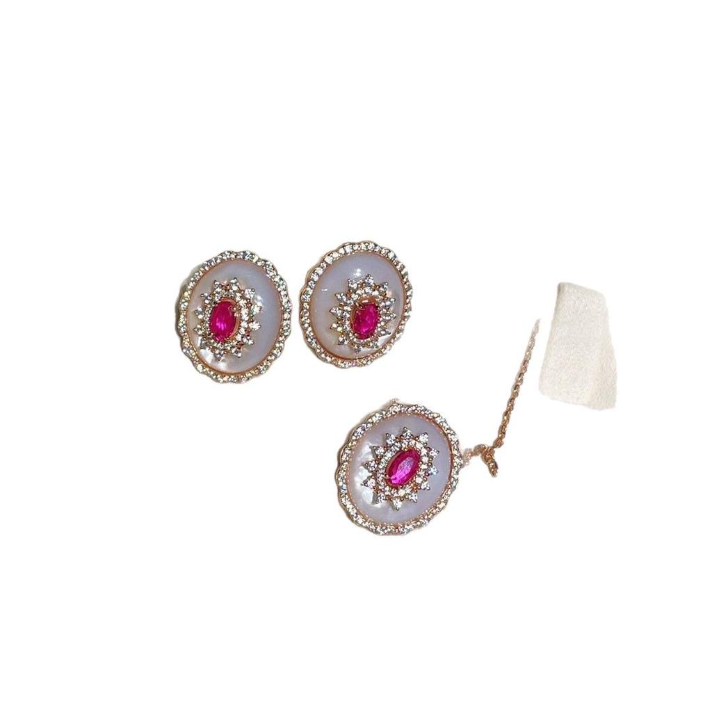 Ciondolo in Argento Placcato Oro e Orecchini con Rubini e Madreperla Naturale, Stile Vintage Antico per Donna