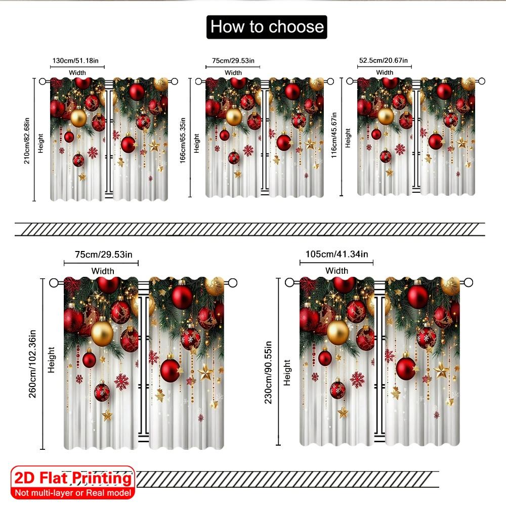 2D Flat Printing 2pcs Merry Christmas Party Curtains Red and Gold Ball Pine Branch Snowflake Versatile 100% Polyester Without