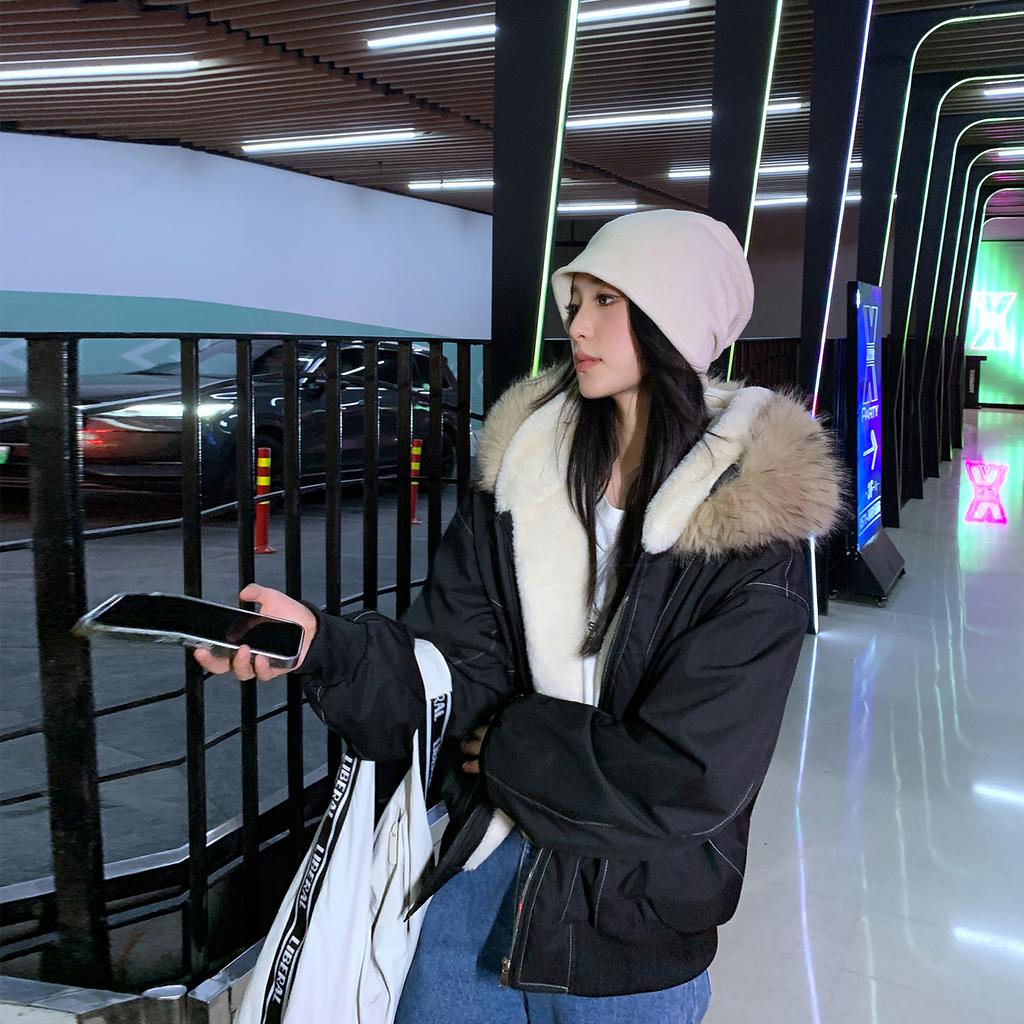 Women's Cotton-padded Winter Parka American Retro Mountain-carved Fur Collar Loose Thickened Short Work Jacket