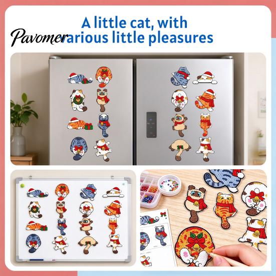 Cute Animal Fridge Decors Christmas Cat Rhinestone Magnets DIY Kit, Make 16Pcs Kitty Magnet Craft Kit Refrigerator Magnets, Faux Diamond for