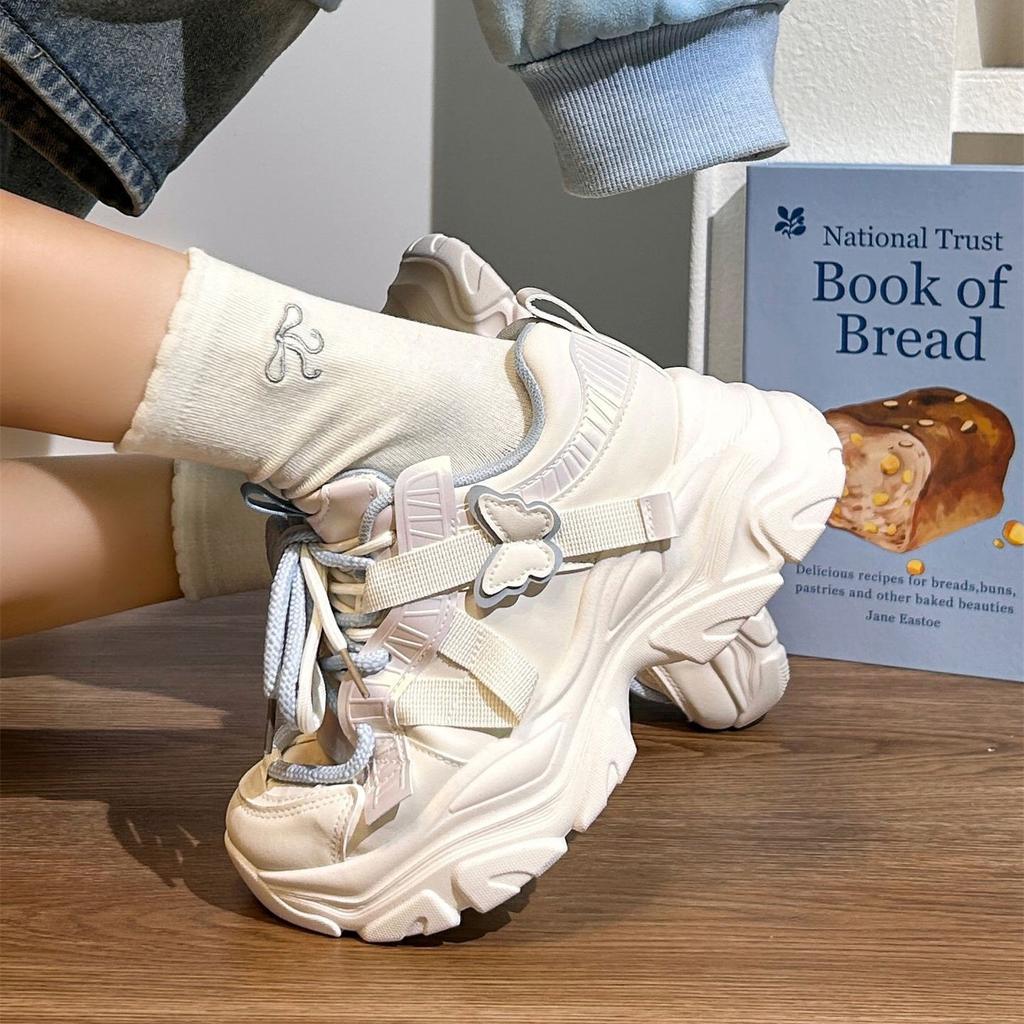 Women's shoes 2025 new thick soled dad shoes popular autumn butterfly student versatile lightweight white shoes for women