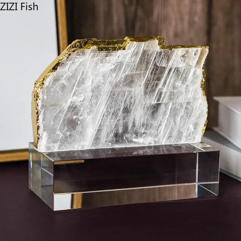 Minimalist Natural Crystal Ore Flower Crafts Ornaments Living Room Decoration Gold Plated Crystal Base Flower Furnishings