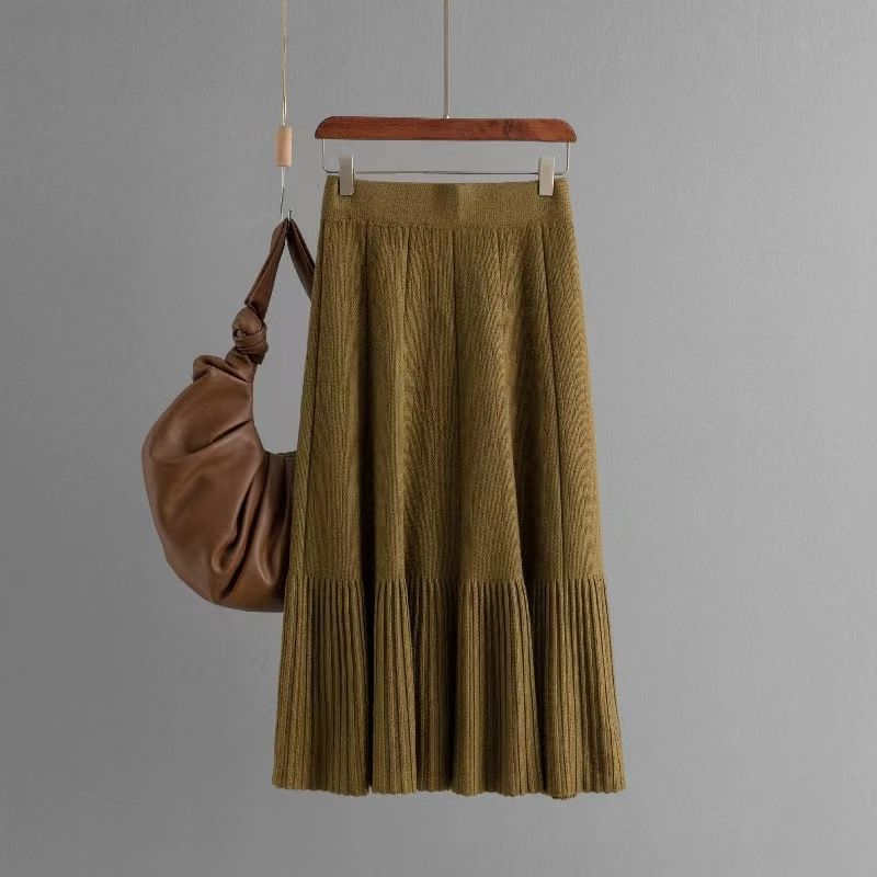 French Style New Simple and Versatile High Waist Pure Color Knitting Skirt Solid Color Knitted Skirt