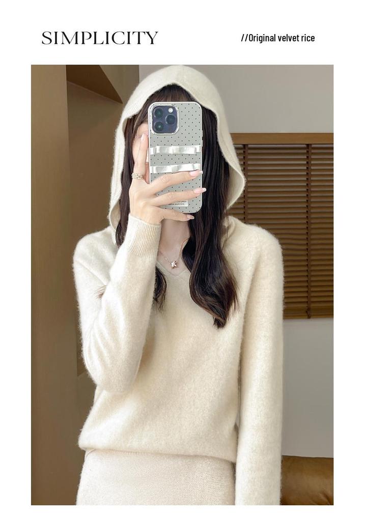 Women's 100% Wool Hooded Sweater: Autumn/Winter Knit, Loose, Soft, Trendy.