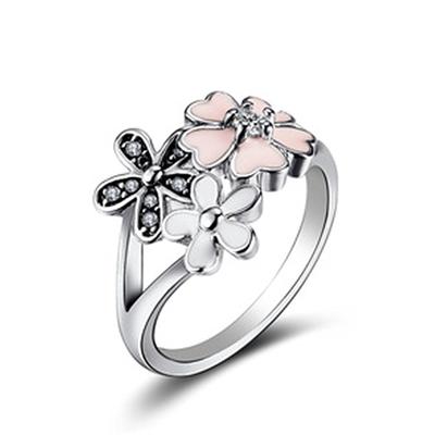 New Diamond -Encrusted Silver Flower Ring Silver Finger Ring European And American Epoxy Flower Pink Ring For Women 