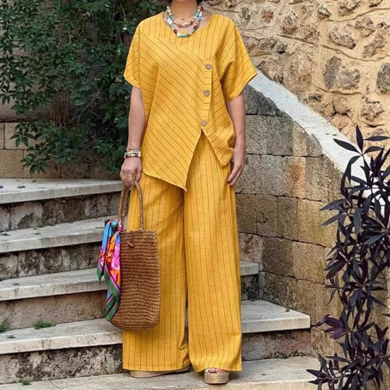 Women's Striped Short Sleeve 2 Piece Outfits Summer Crew Neck Top And Long Pants Matching Lounge Sets with Pockets