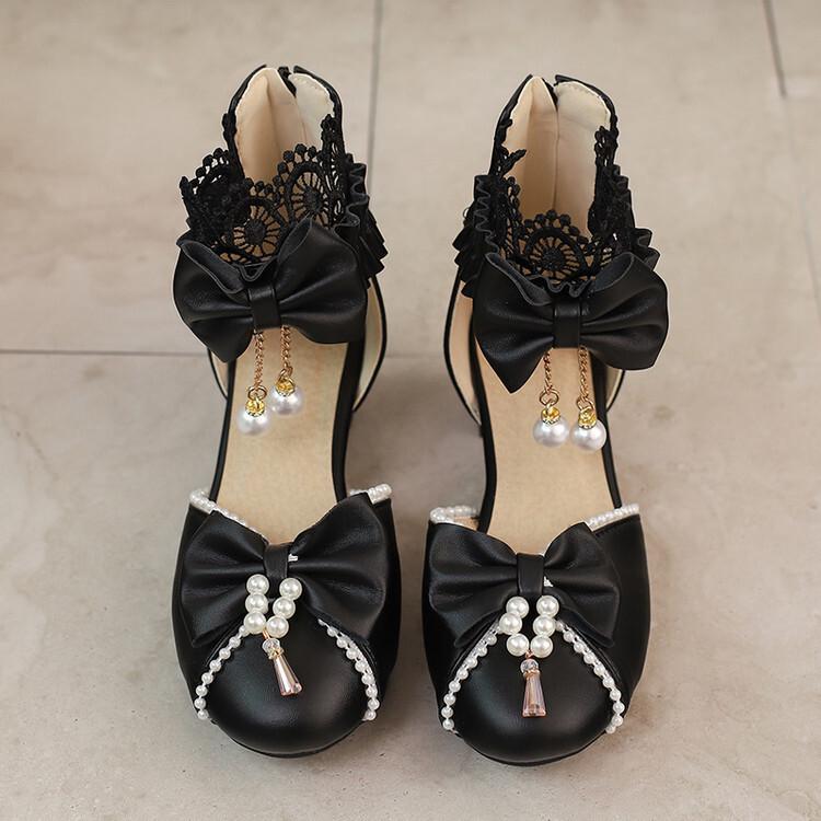 Neue chinesische Mädchenschuhe mit niedrigem Absatz, Baotou, cooler Stiefel im nationalen Stil, Schleife, süße Spitze Loli COS Hanfu Damenschuhe