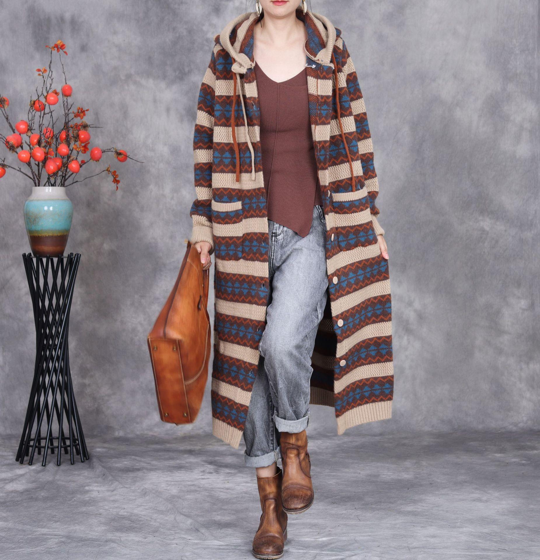 

Johnature Vintage Style Contrast Stripes Hooded Knit Coat Women Autumn Fashion Long Sleeves Chinese Style Coat One Size хаки